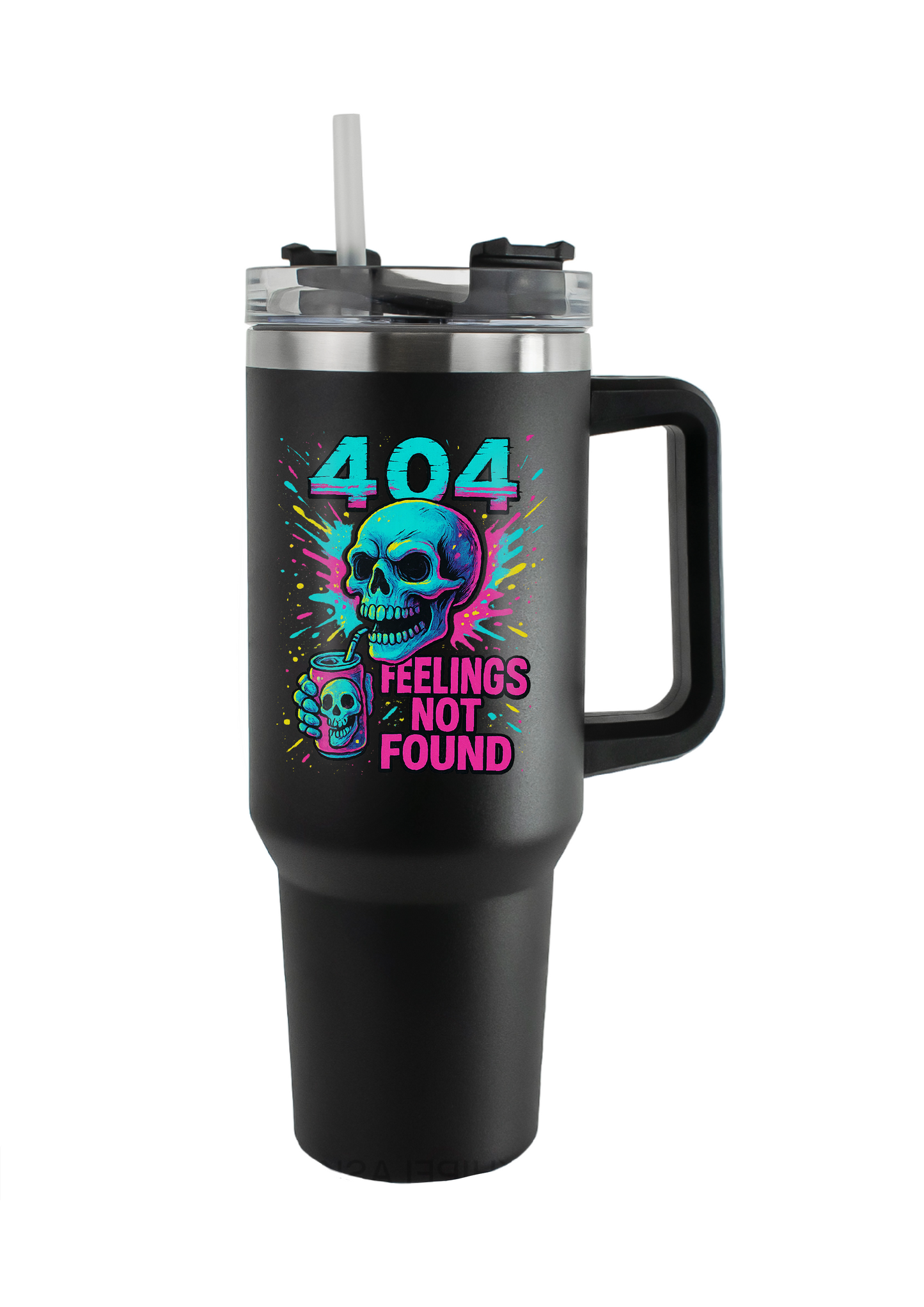 40oz Tumbler – 404 Feelings Not Found – Double Walled Stainless Steel with Handle & Straw – Funny Gothic Skull Mug – Alt Gift for Coffee Lovers