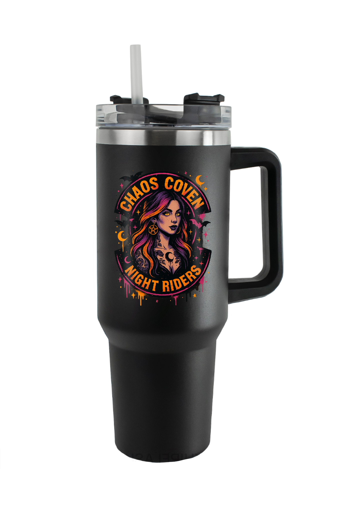 40oz Tumbler – Chaos Coven Night Riders – Double Walled Stainless Steel with Handle & Straw – Gothic Witchy Mug – Halloween Alt Gift for Coffee Lovers