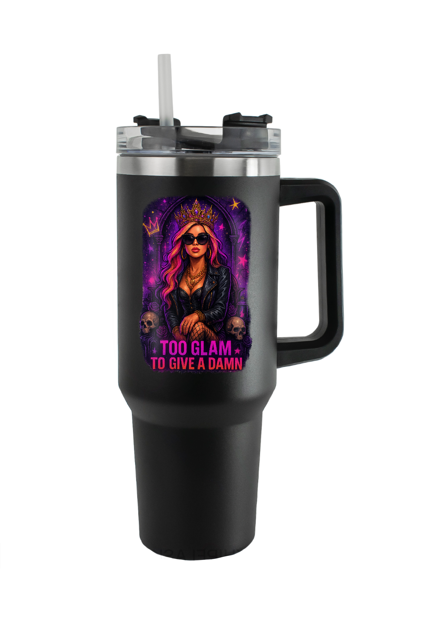 40oz Tumbler – Too Glam to Give a Damn – Double Walled Stainless Steel with Handle & Straw – Gothic Glam Mug – Alt Fashion Gift for Coffee Lovers