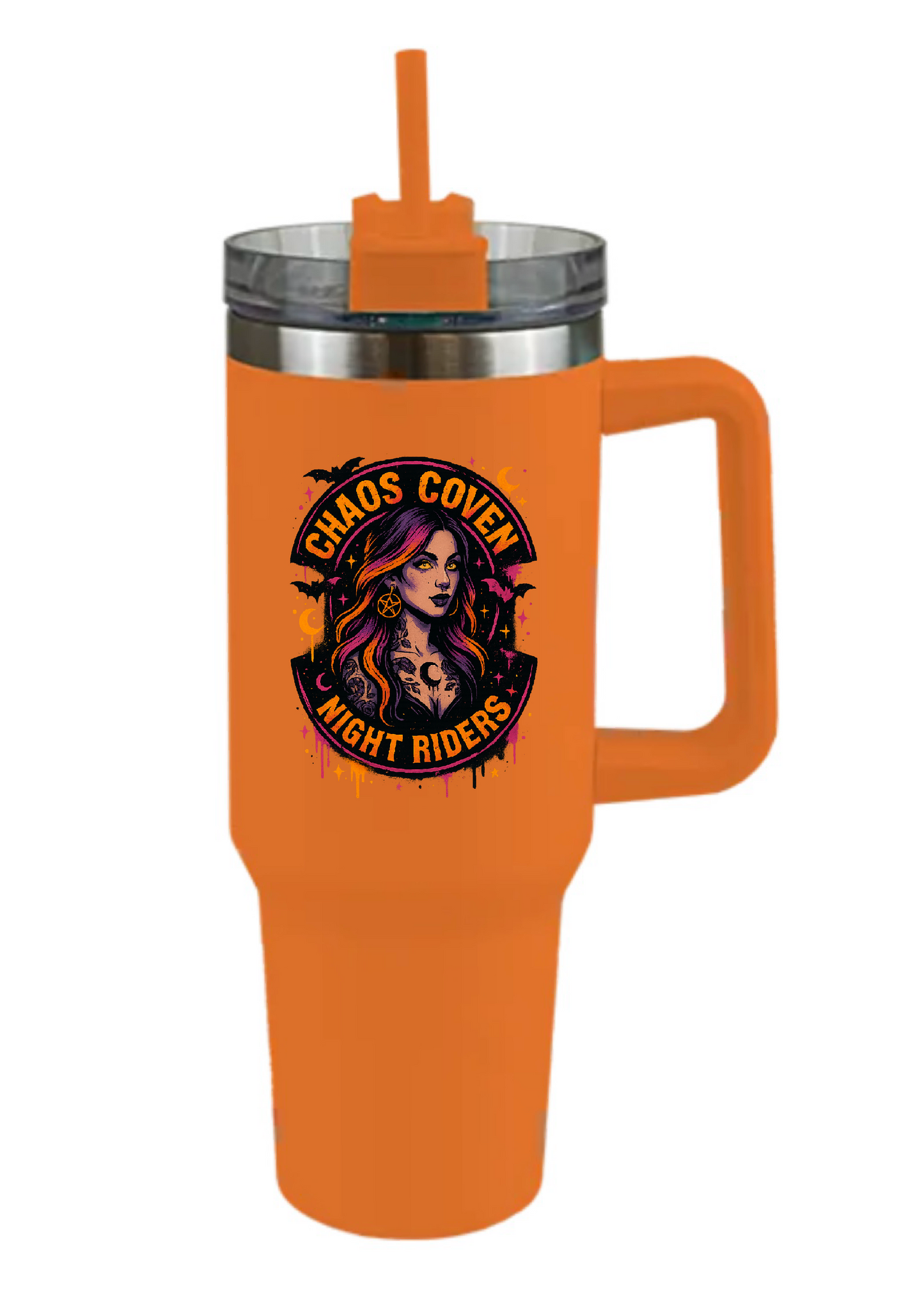 40oz Tumbler – Chaos Coven Night Riders – Double Walled Stainless Steel with Handle & Straw – Gothic Witchy Mug – Halloween Alt Gift for Coffee Lovers