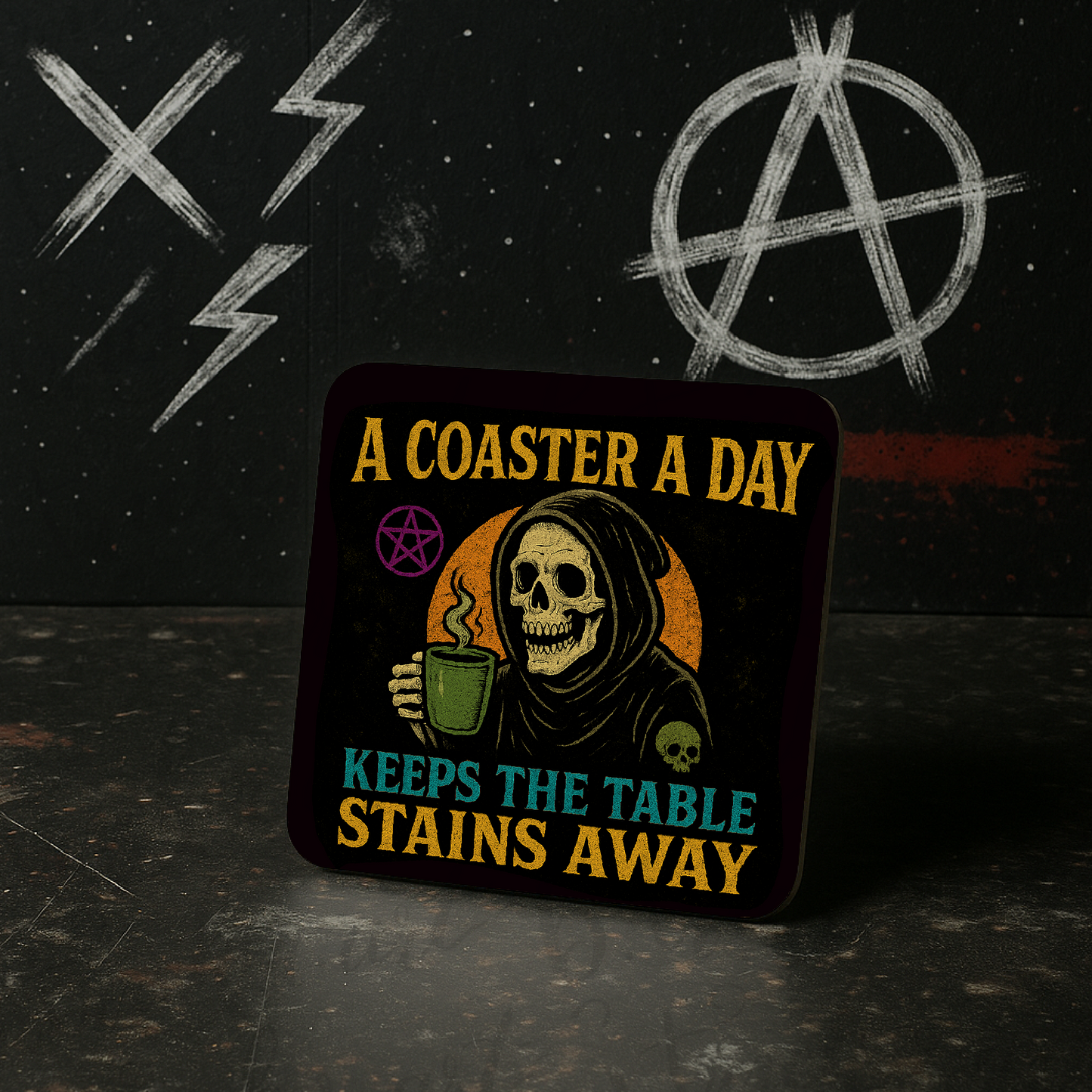 “A Coaster a Day” Coaster – Funny Grim Reaper Quote – Gothic Kitchen Gift