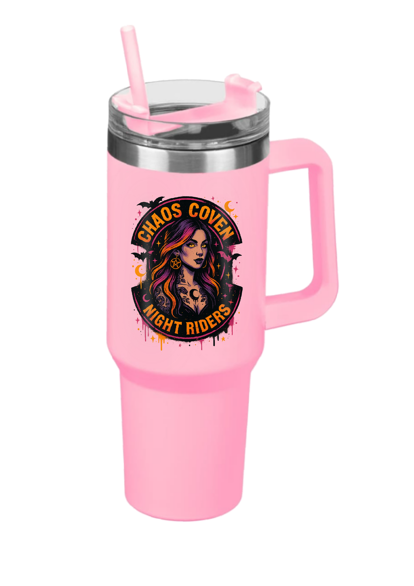 40oz Tumbler – Chaos Coven Night Riders – Double Walled Stainless Steel with Handle & Straw – Gothic Witchy Mug – Halloween Alt Gift for Coffee Lovers