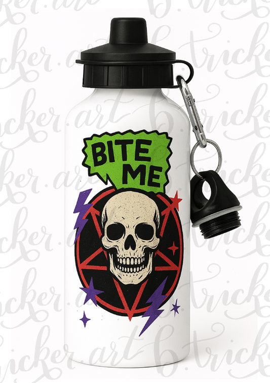 Water Bottle – “Bite Me” Gothic Skull & Pentagram Design – Reusable Metal Flask for Alt, Punk & Horror Fans