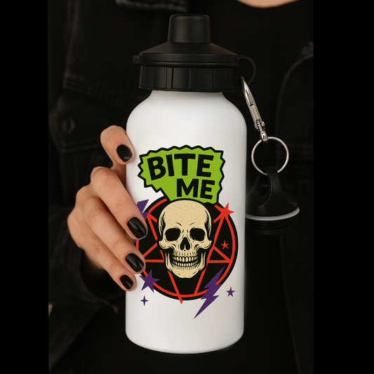 Water Bottle – “Bite Me” Gothic Skull & Pentagram Design – Reusable Metal Flask for Alt, Punk & Horror Fans