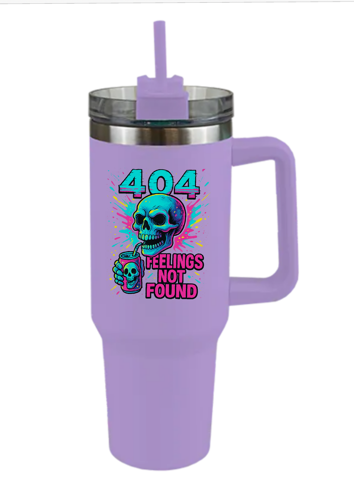 40oz Tumbler – 404 Feelings Not Found – Double Walled Stainless Steel with Handle & Straw – Funny Gothic Skull Mug – Alt Gift for Coffee Lovers