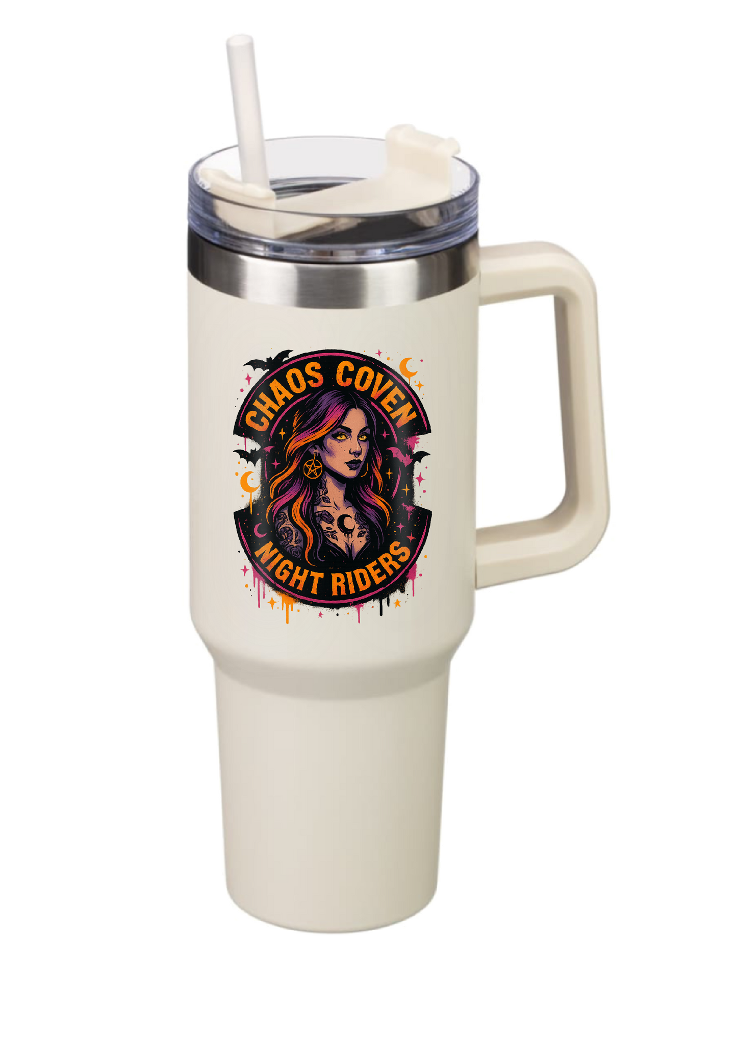 40oz Tumbler – Chaos Coven Night Riders – Double Walled Stainless Steel with Handle & Straw – Gothic Witchy Mug – Halloween Alt Gift for Coffee Lovers