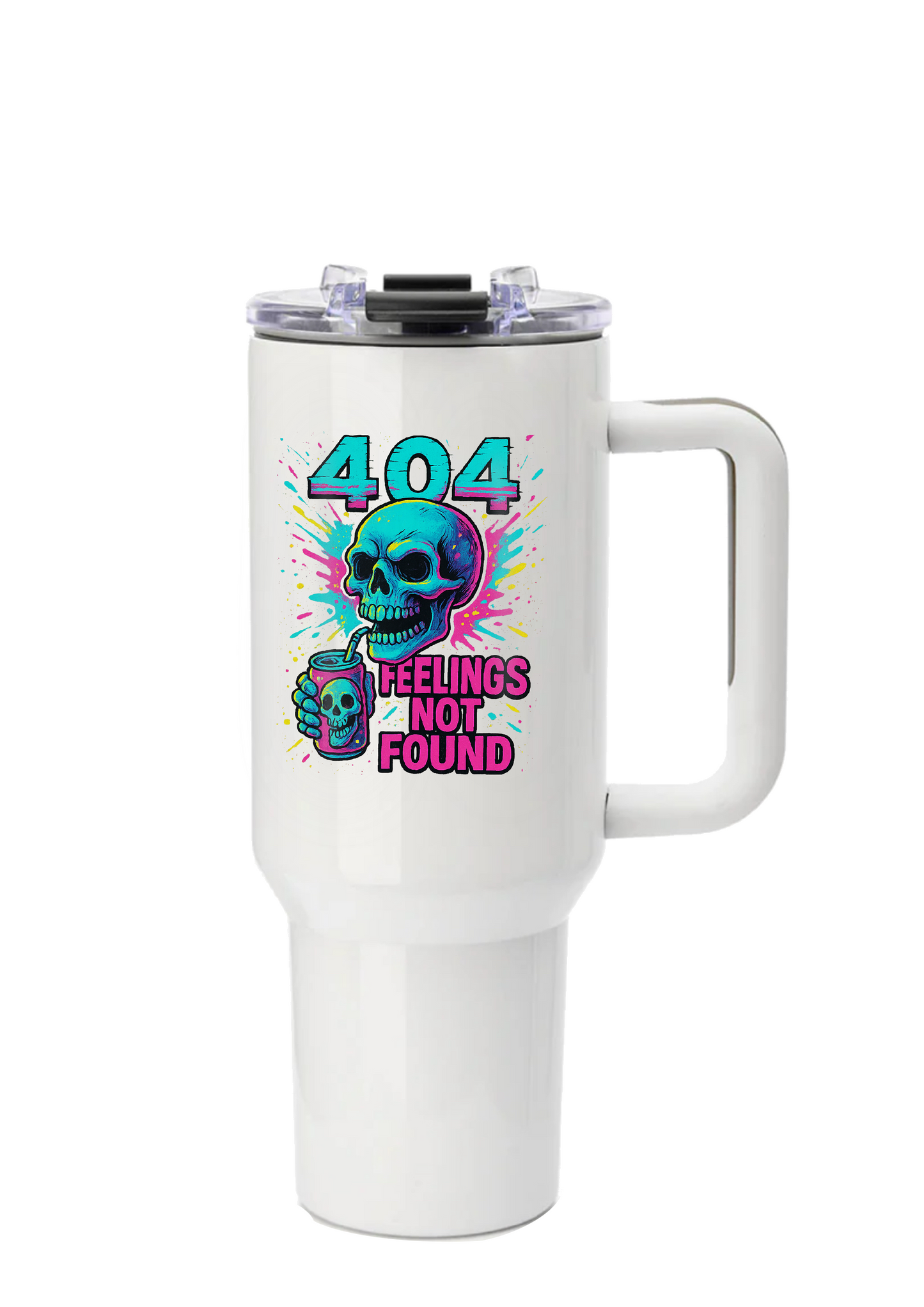 40oz Tumbler – 404 Feelings Not Found – Double Walled Stainless Steel with Handle & Straw – Funny Gothic Skull Mug – Alt Gift for Coffee Lovers