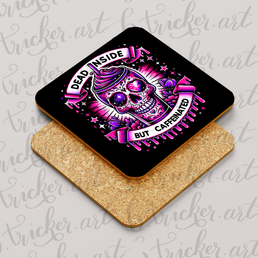 Dead Inside But Caffeinated Coaster – Neon Sugar Skull Coffee Decor – Funny Gothic Gift
