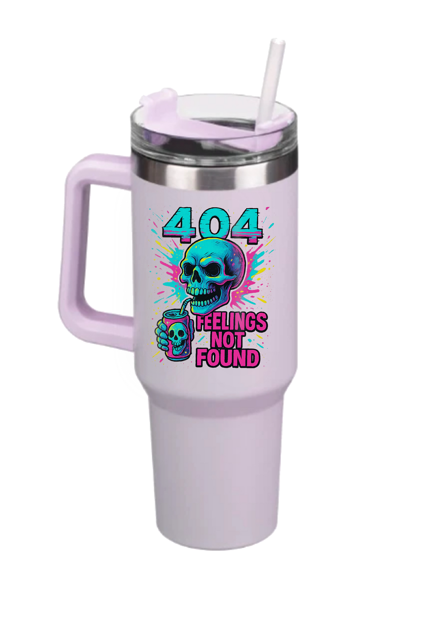 40oz Tumbler – 404 Feelings Not Found – Double Walled Stainless Steel with Handle & Straw – Funny Gothic Skull Mug – Alt Gift for Coffee Lovers