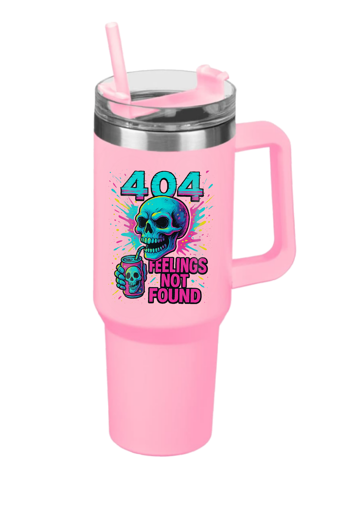 40oz Tumbler – 404 Feelings Not Found – Double Walled Stainless Steel with Handle & Straw – Funny Gothic Skull Mug – Alt Gift for Coffee Lovers