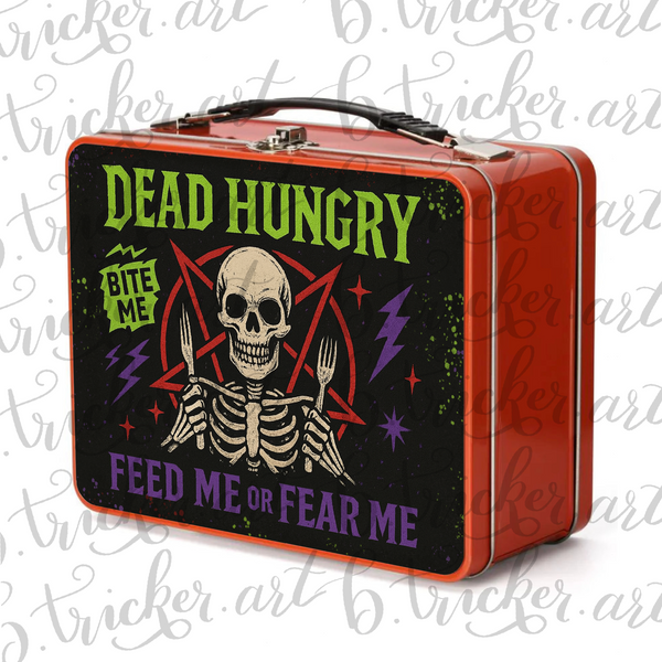 Dead Hungry Feed Me or Fear Me – Skull Lunchbox – Gothic Metal Punk Lunch Box for School, Work, or Chaos – Red, Blue, Silver