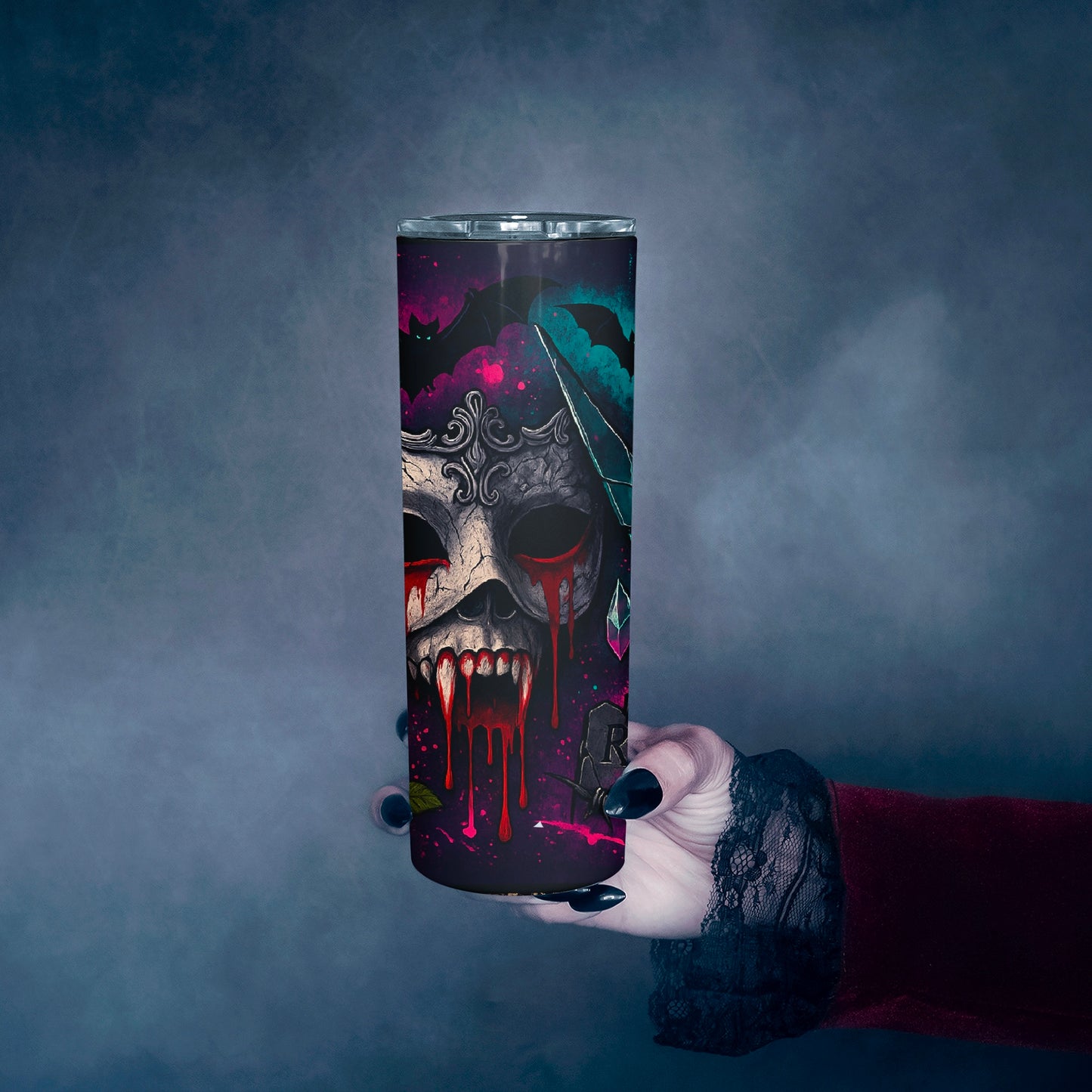Gothic Vampire Mask 20oz Tumbler – Blood Drip Masks & Bats | Dark Fantasy Horror Design
