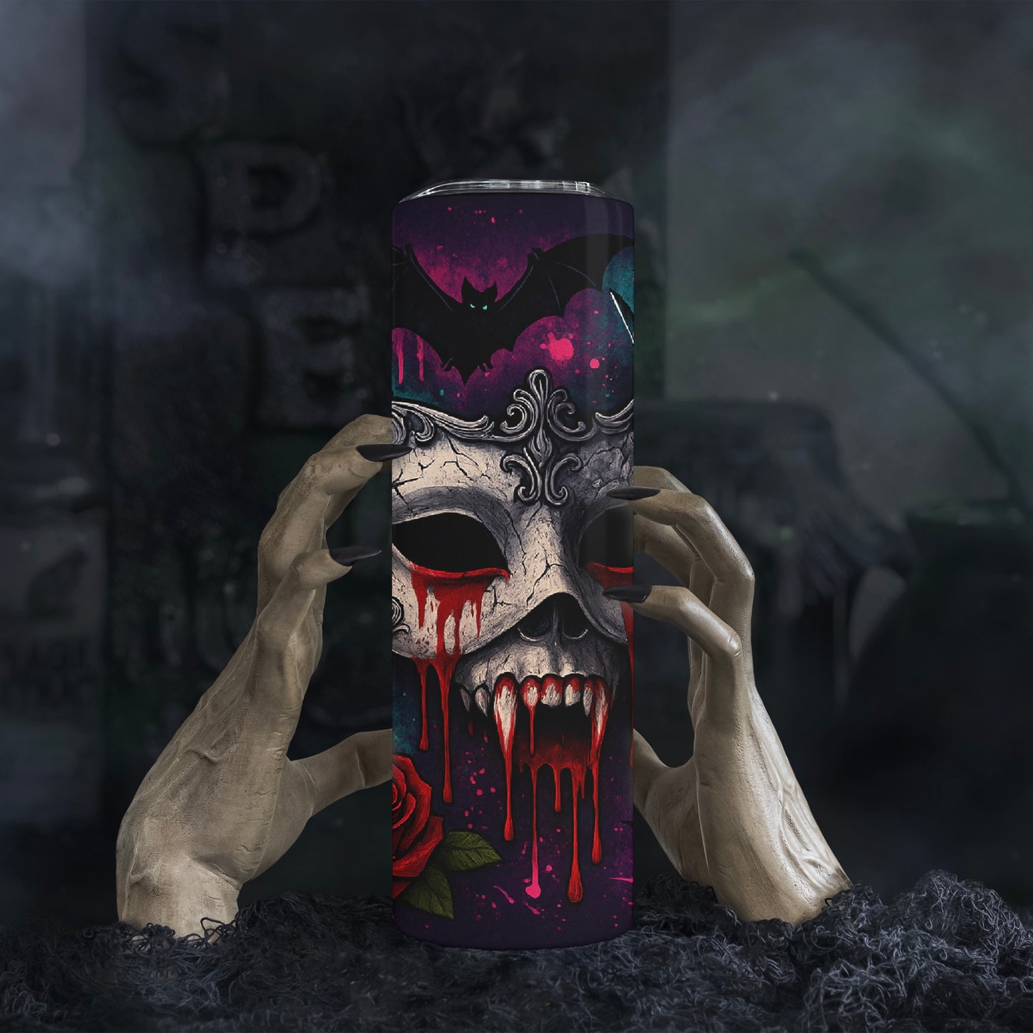 Gothic Vampire Mask 20oz Tumbler – Blood Drip Masks & Bats | Dark Fantasy Horror Design