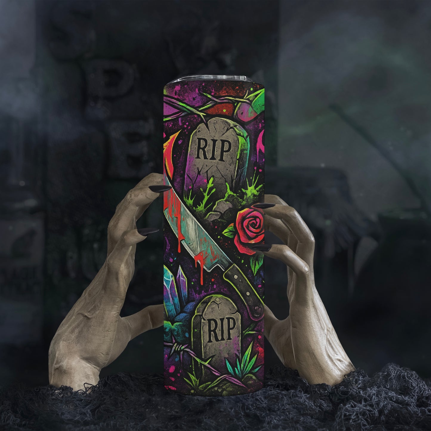 Horror 20oz Tumbler – Zombie Hand & Killer Clown | Neon Graveyard Design