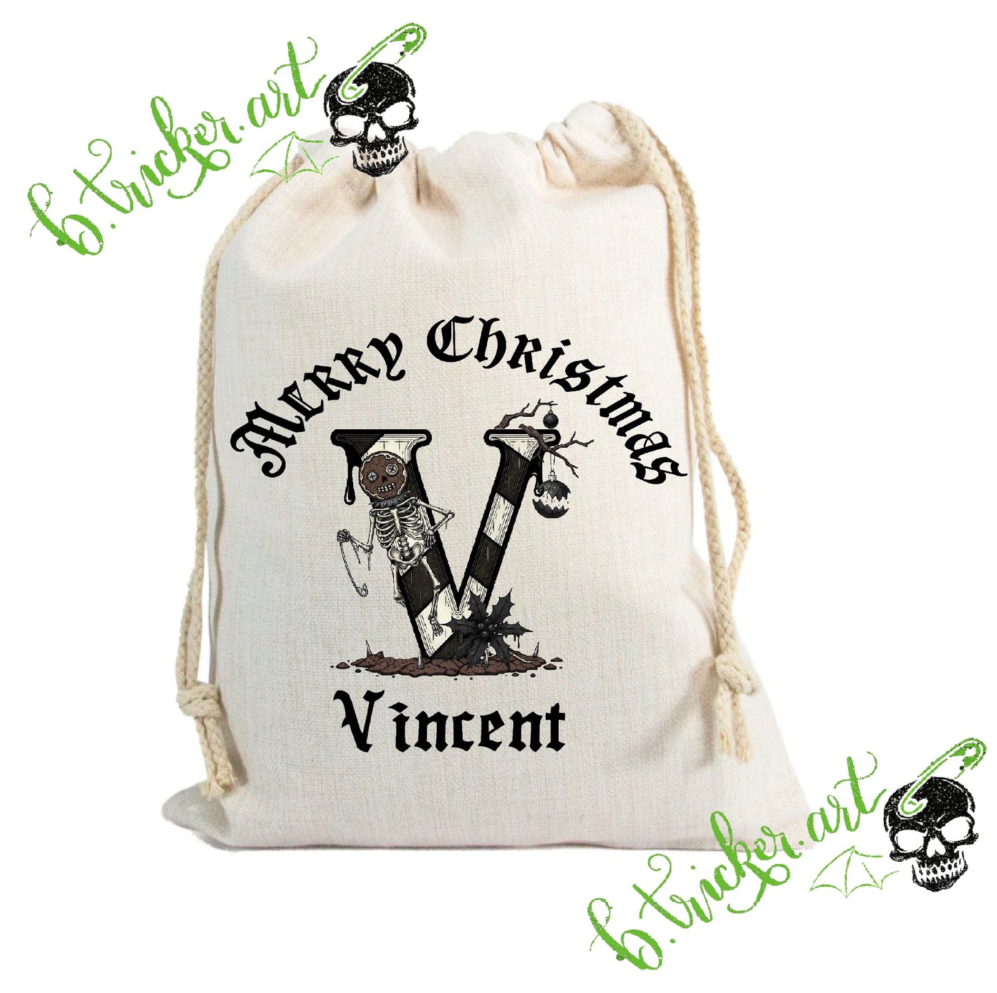 Gothic Christmas Sack – Personalised Skull & Skeleton Initial Gift Bag