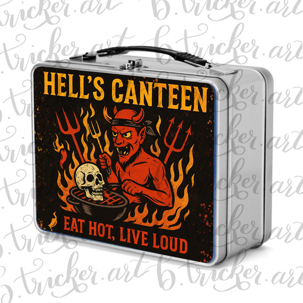 Hell’s Canteen Metal Lunchbox – Devil BBQ Gothic Punk Lunch Box – Eat Hot, Live Loud – Red, Blue, Silver Options – Alt Lunch Carrier
