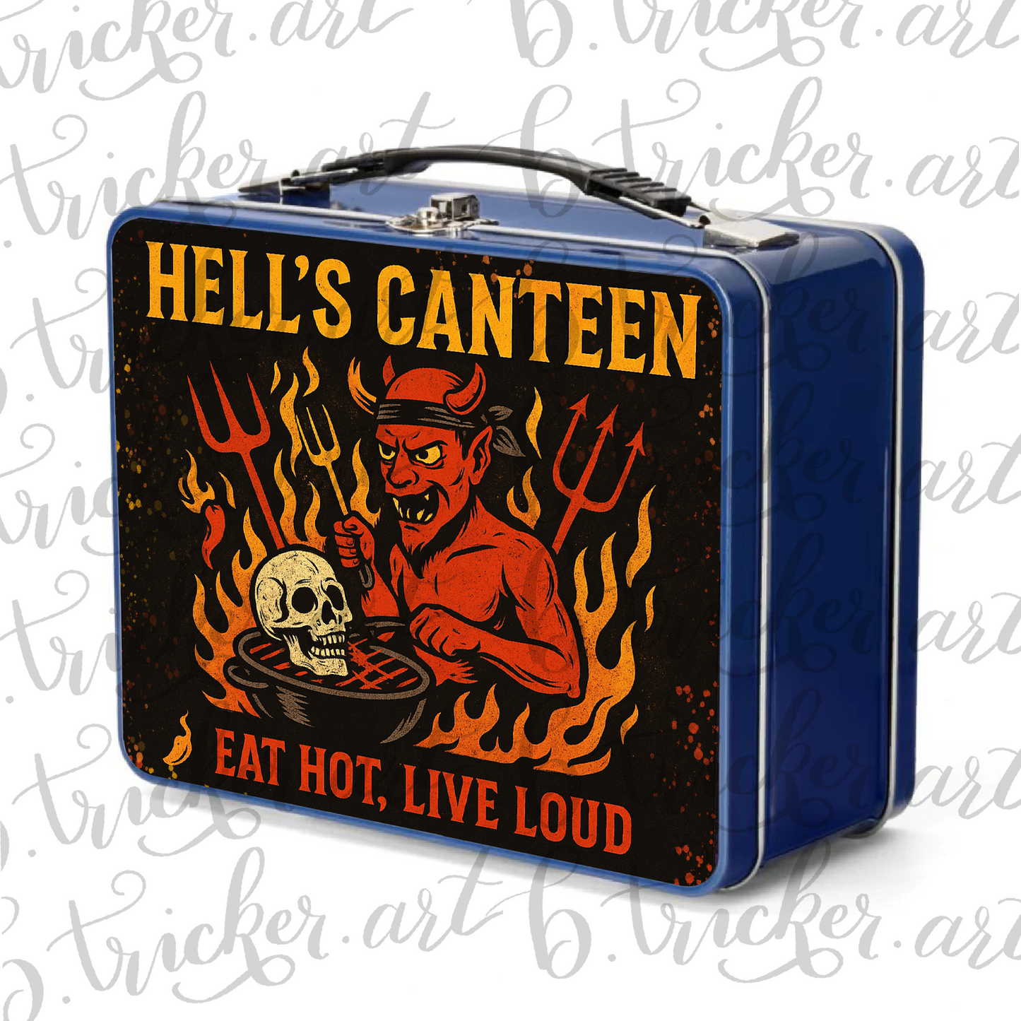 Hell’s Canteen Metal Lunchbox – Devil BBQ Gothic Punk Lunch Box – Eat Hot, Live Loud – Red, Blue, Silver Options – Alt Lunch Carrier