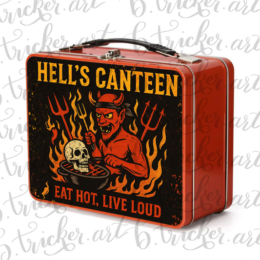 Hell’s Canteen Metal Lunchbox – Devil BBQ Gothic Punk Lunch Box – Eat Hot, Live Loud – Red, Blue, Silver Options – Alt Lunch Carrier