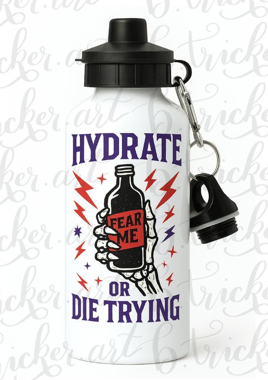 Metal Water Bottle – “Hydrate or Die Trying” - Fear Me Skeleton Hand Design – Reusable Flask for Alt, Punk & Emo