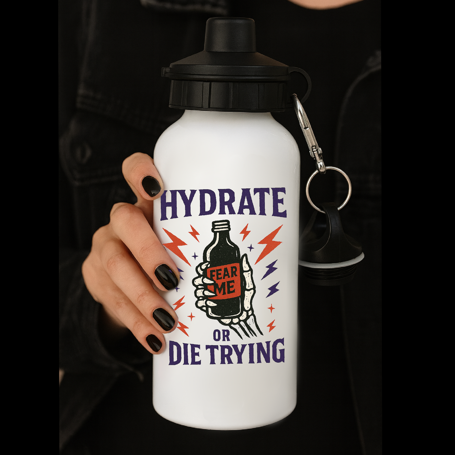 Metal Water Bottle – “Hydrate or Die Trying” - Fear Me Skeleton Hand Design – Reusable Flask for Alt, Punk & Emo