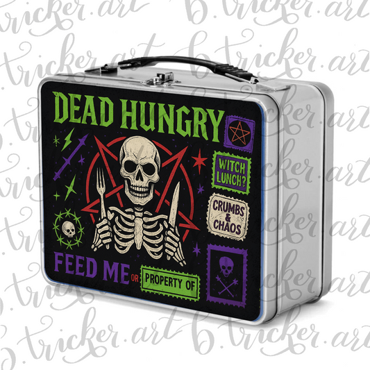 Dead Hungry Gothic Skull Metal Lunchbox – Alternative Punk Rock Lunch Box for Kids & Adults (Red, Blue, Silver)