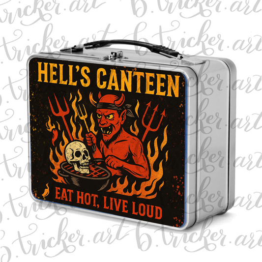 Hell’s Canteen Metal Lunchbox – Devil BBQ Gothic Punk Lunch Box – Eat Hot, Live Loud – Red, Blue, Silver Options – Alt Lunch Carrier
