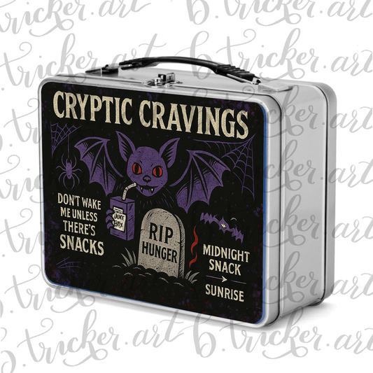 Cryptic Cravings Gothic Metal Lunchbox – Vampire Bat Midnight Snack Box – Blue, Red or Silver – Alt Lunchbox for Night Owls and Goth Kids