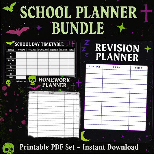 Printable School Planner Bundle | Gothic Alternative Timetables, Homework, Revision & Deadline Trackers | Instant Download