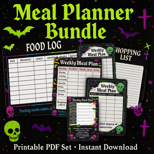 Printable Meal Planner Bundle | Gothic Alternative Weekly Planners, Food Log & Shopping Lists | Instant Download