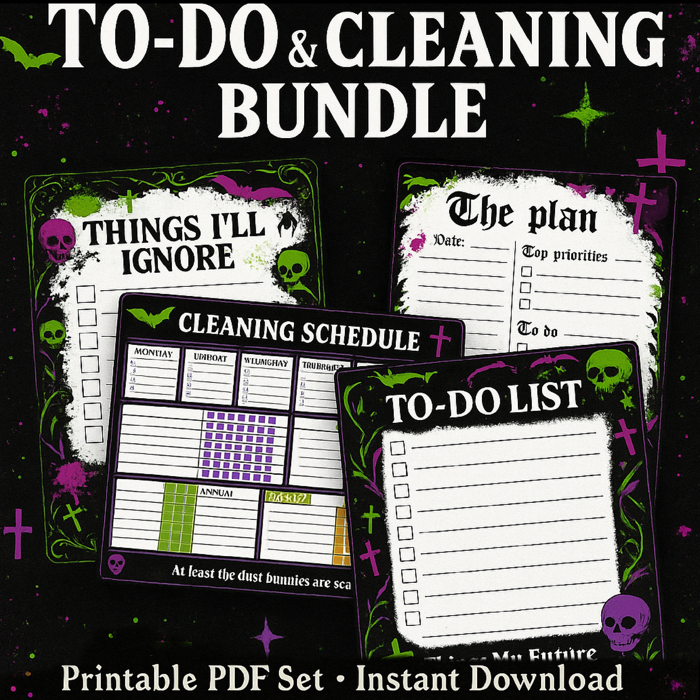 Printable Cleaning & To-Do List Bundle | Gothic Alternative Chore Charts & Sarcastic Task Sheets | Instant Download