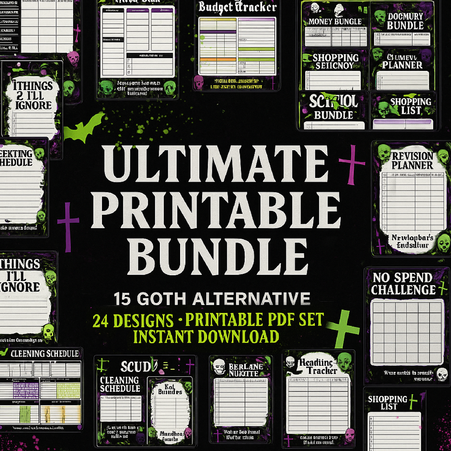 Ultimate Gothic Planner Mega Bundle | Printable Meal, Money, Cleaning, School & To-Do Stationery | Instant Download