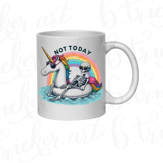 Funny Gothic Mug | “Not Today” Skeleton on Unicorn 11oz Coffee Cup | Rainbow Alt Humour Gift