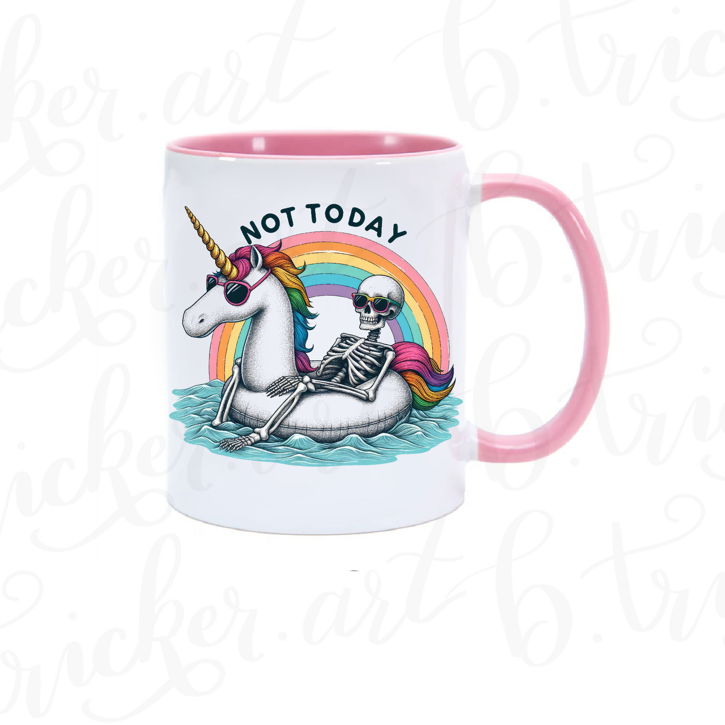 Funny Gothic Mug | “Not Today” Skeleton on Unicorn 11oz Coffee Cup | Rainbow Alt Humour Gift