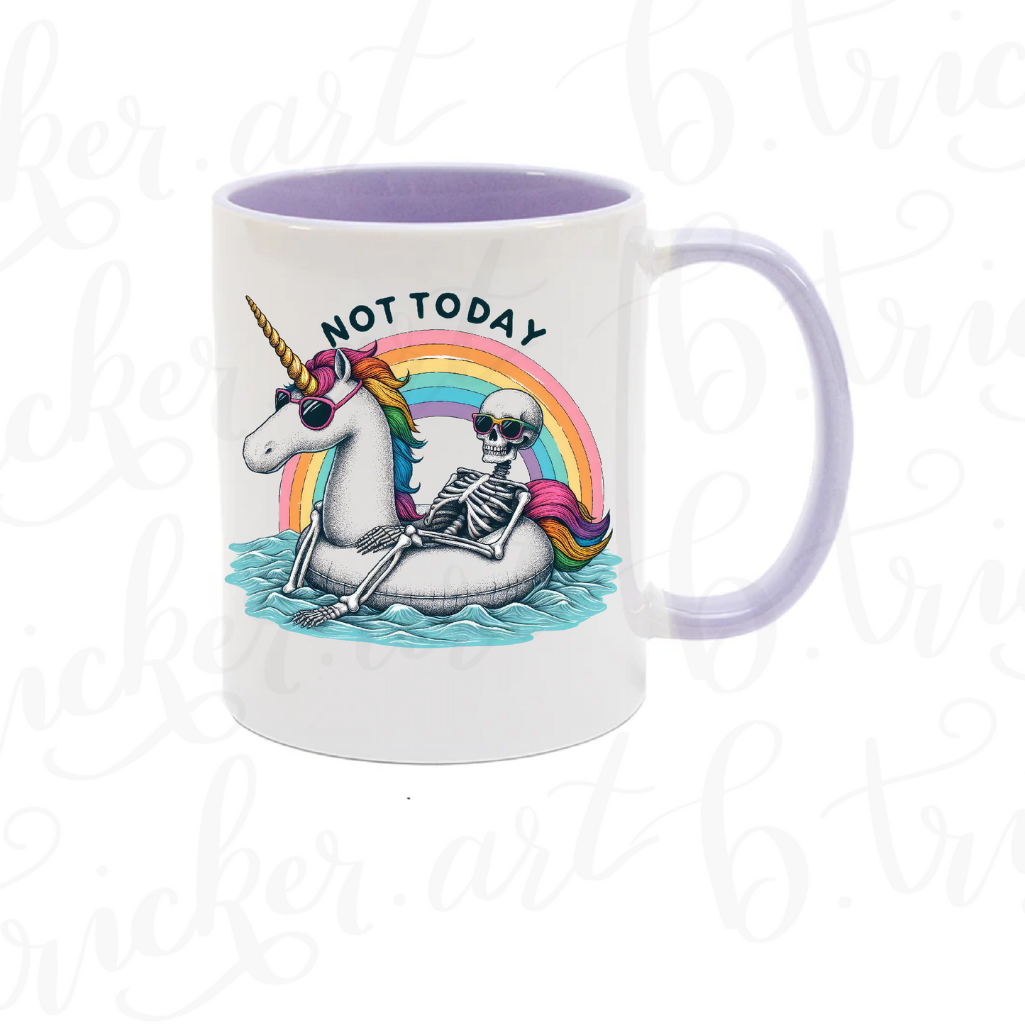 Funny Gothic Mug | “Not Today” Skeleton on Unicorn 11oz Coffee Cup | Rainbow Alt Humour Gift