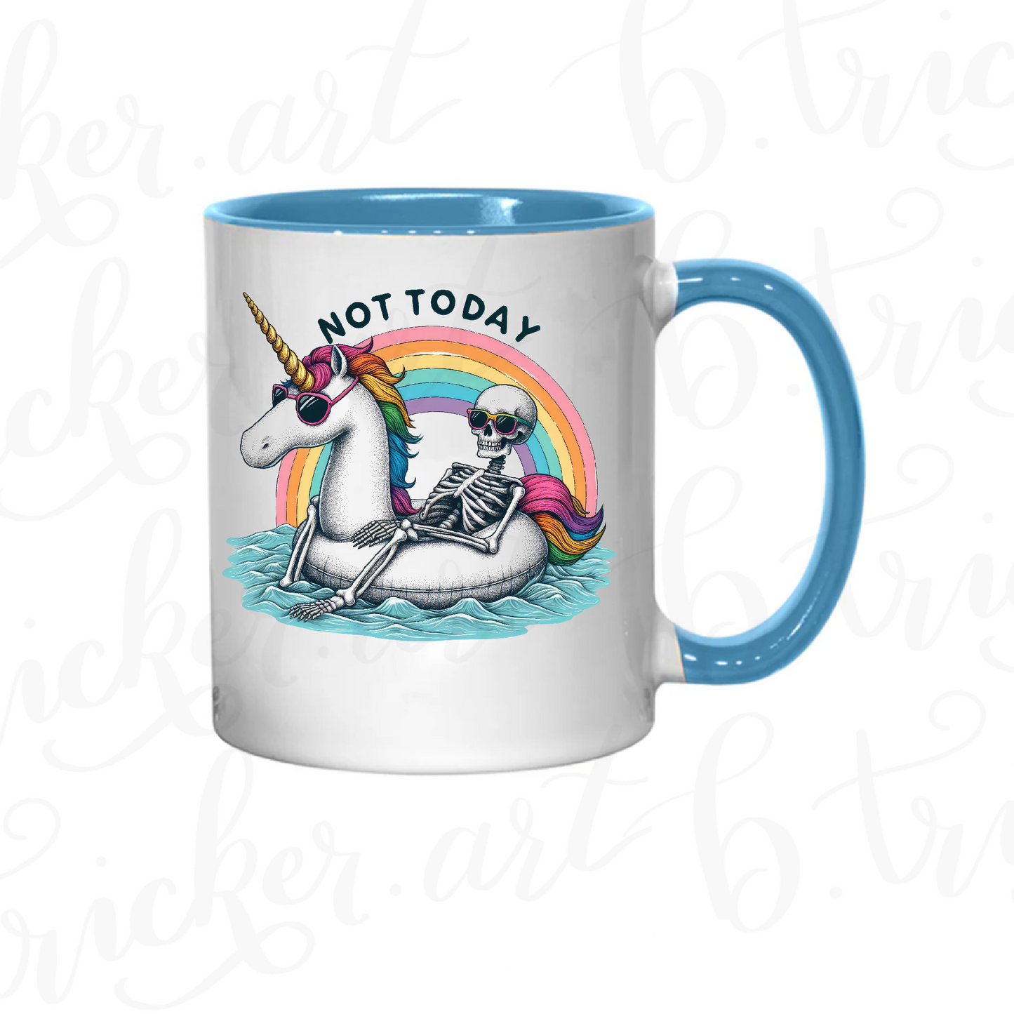 Funny Gothic Mug | “Not Today” Skeleton on Unicorn 11oz Coffee Cup | Rainbow Alt Humour Gift