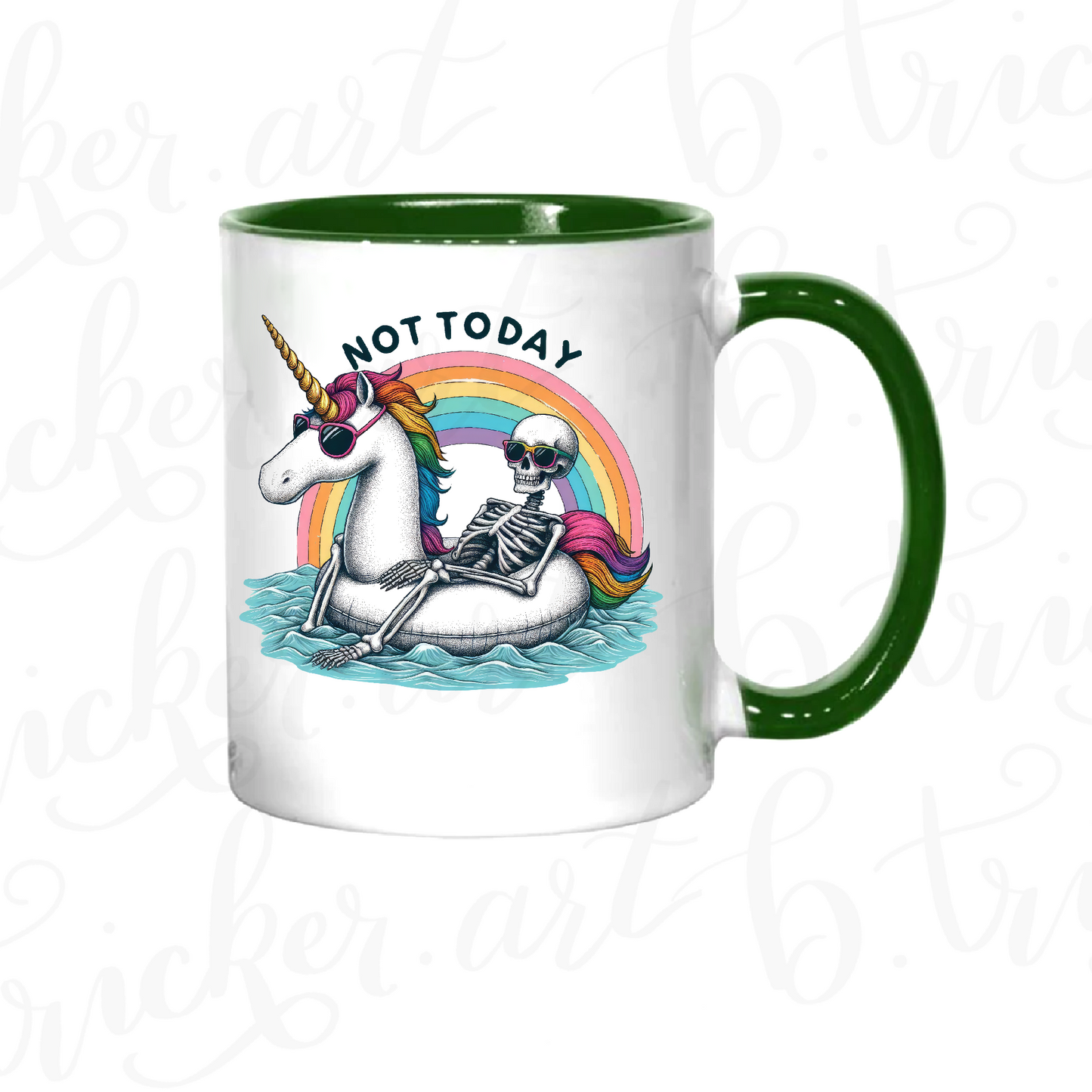 Funny Gothic Mug | “Not Today” Skeleton on Unicorn 11oz Coffee Cup | Rainbow Alt Humour Gift