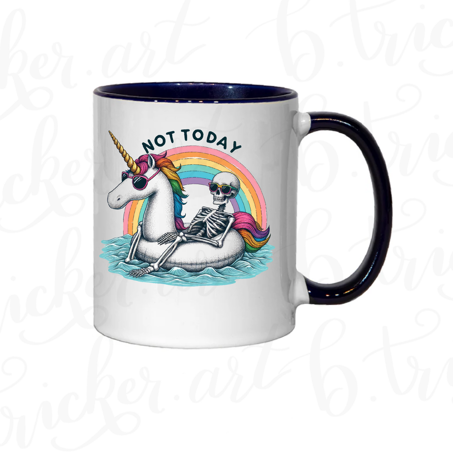 Funny Gothic Mug | “Not Today” Skeleton on Unicorn 11oz Coffee Cup | Rainbow Alt Humour Gift