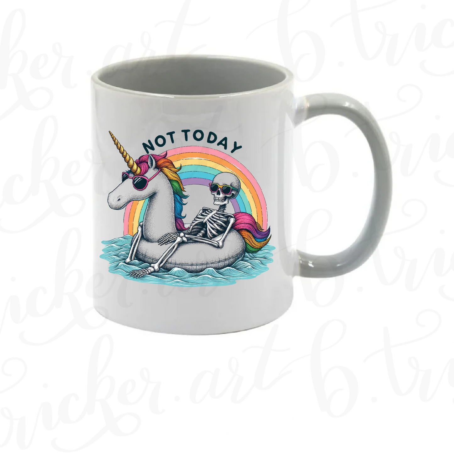 Funny Gothic Mug | “Not Today” Skeleton on Unicorn 11oz Coffee Cup | Rainbow Alt Humour Gift