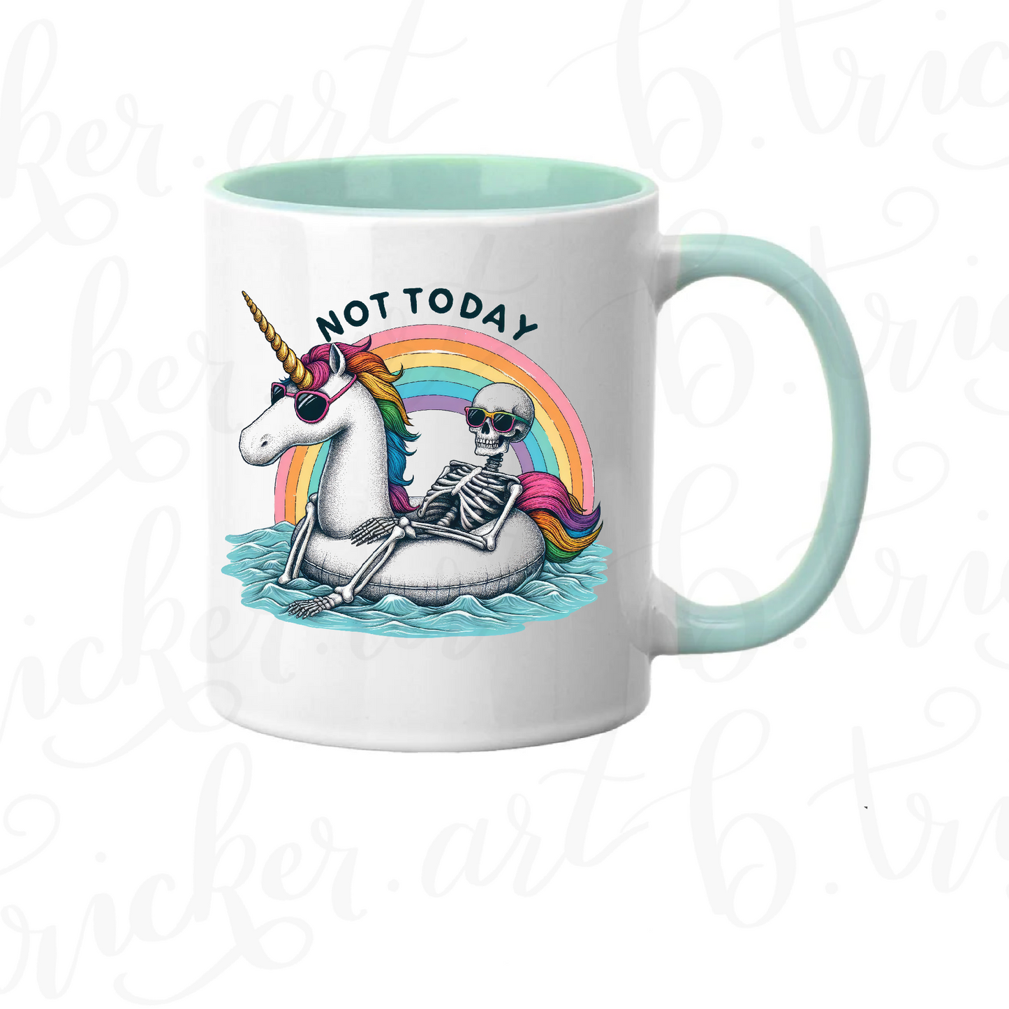 Funny Gothic Mug | “Not Today” Skeleton on Unicorn 11oz Coffee Cup | Rainbow Alt Humour Gift