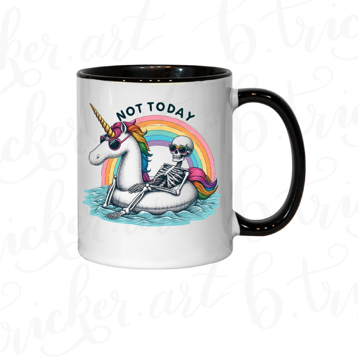 Funny Gothic Mug | “Not Today” Skeleton on Unicorn 11oz Coffee Cup | Rainbow Alt Humour Gift