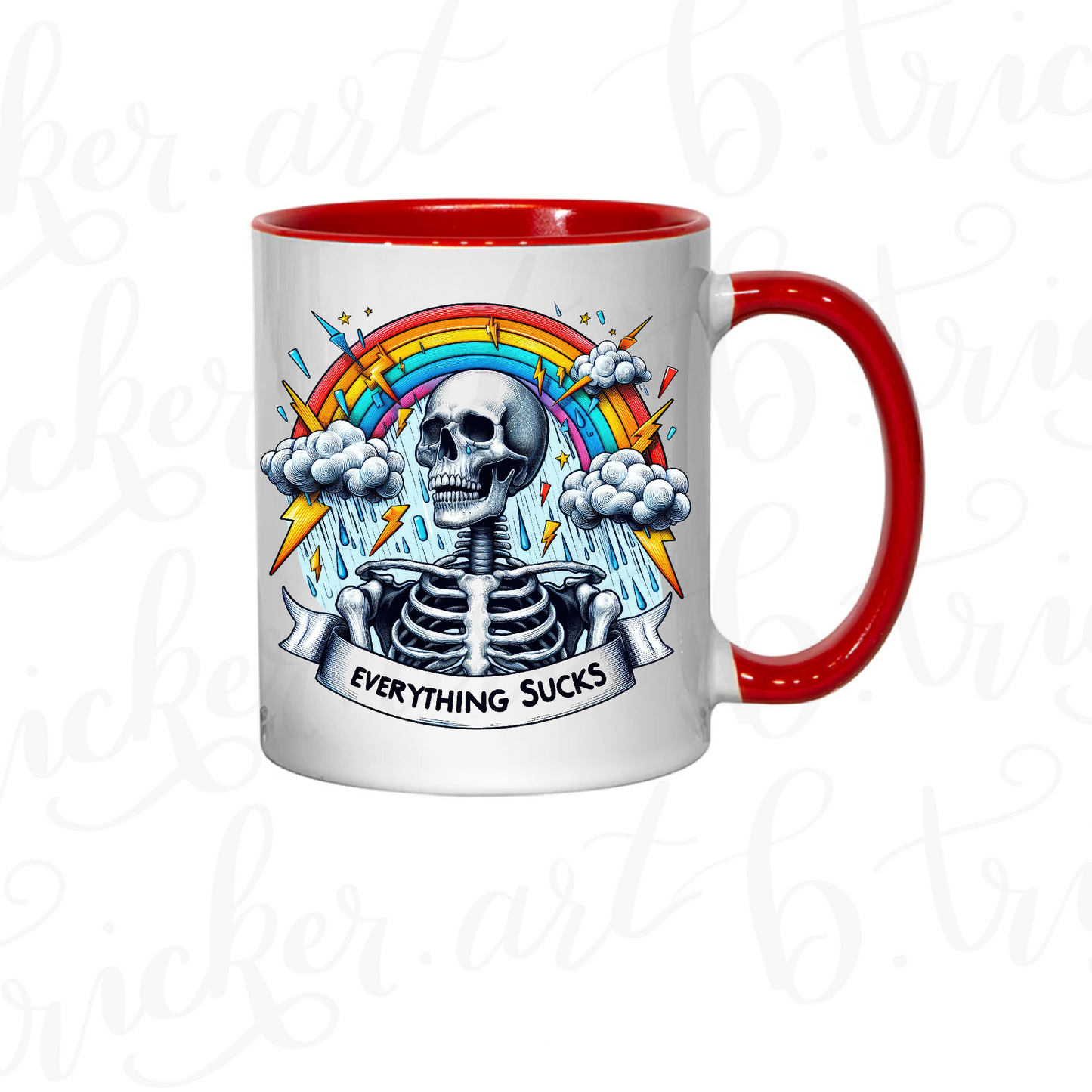 Sarcastic Gothic Mug | “Everything Sucks” Skeleton & Rainbow 11oz Coffee Cup | Alternative Funny Gift
