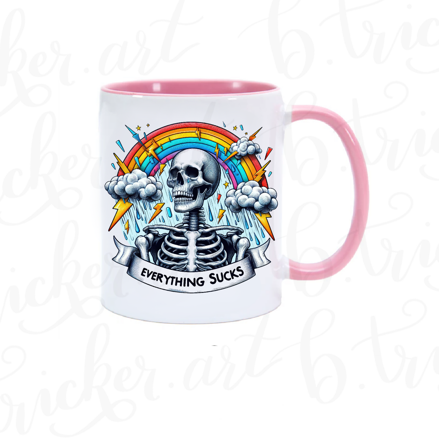 Sarcastic Gothic Mug | “Everything Sucks” Skeleton & Rainbow 11oz Coffee Cup | Alternative Funny Gift