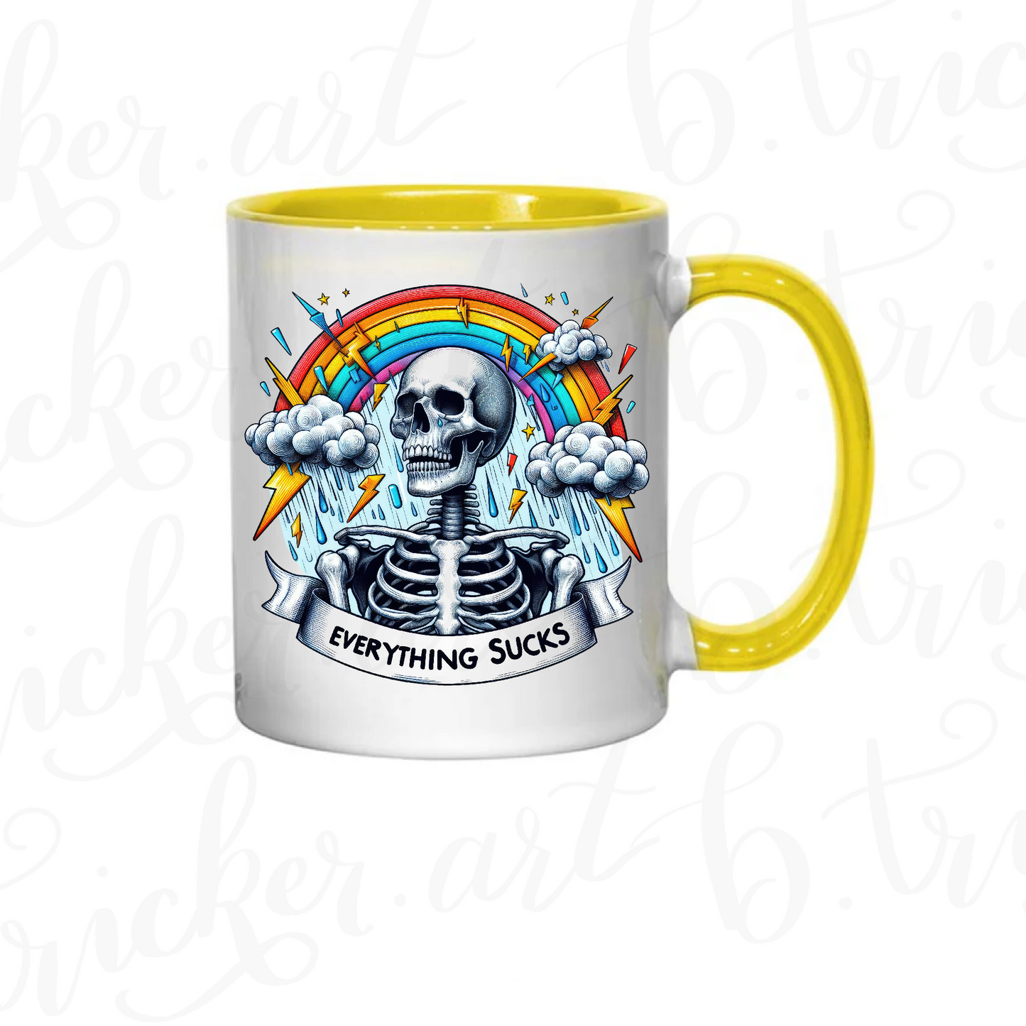 Sarcastic Gothic Mug | “Everything Sucks” Skeleton & Rainbow 11oz Coffee Cup | Alternative Funny Gift
