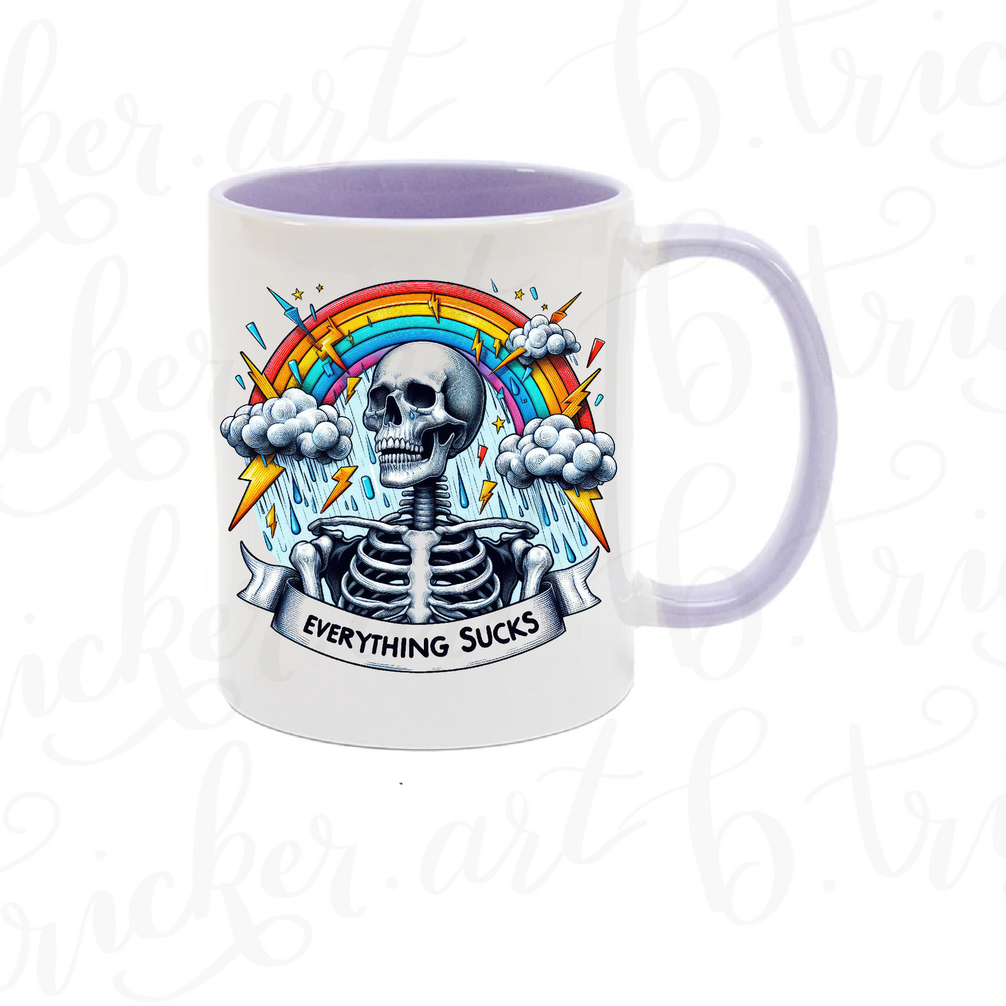 Sarcastic Gothic Mug | “Everything Sucks” Skeleton & Rainbow 11oz Coffee Cup | Alternative Funny Gift