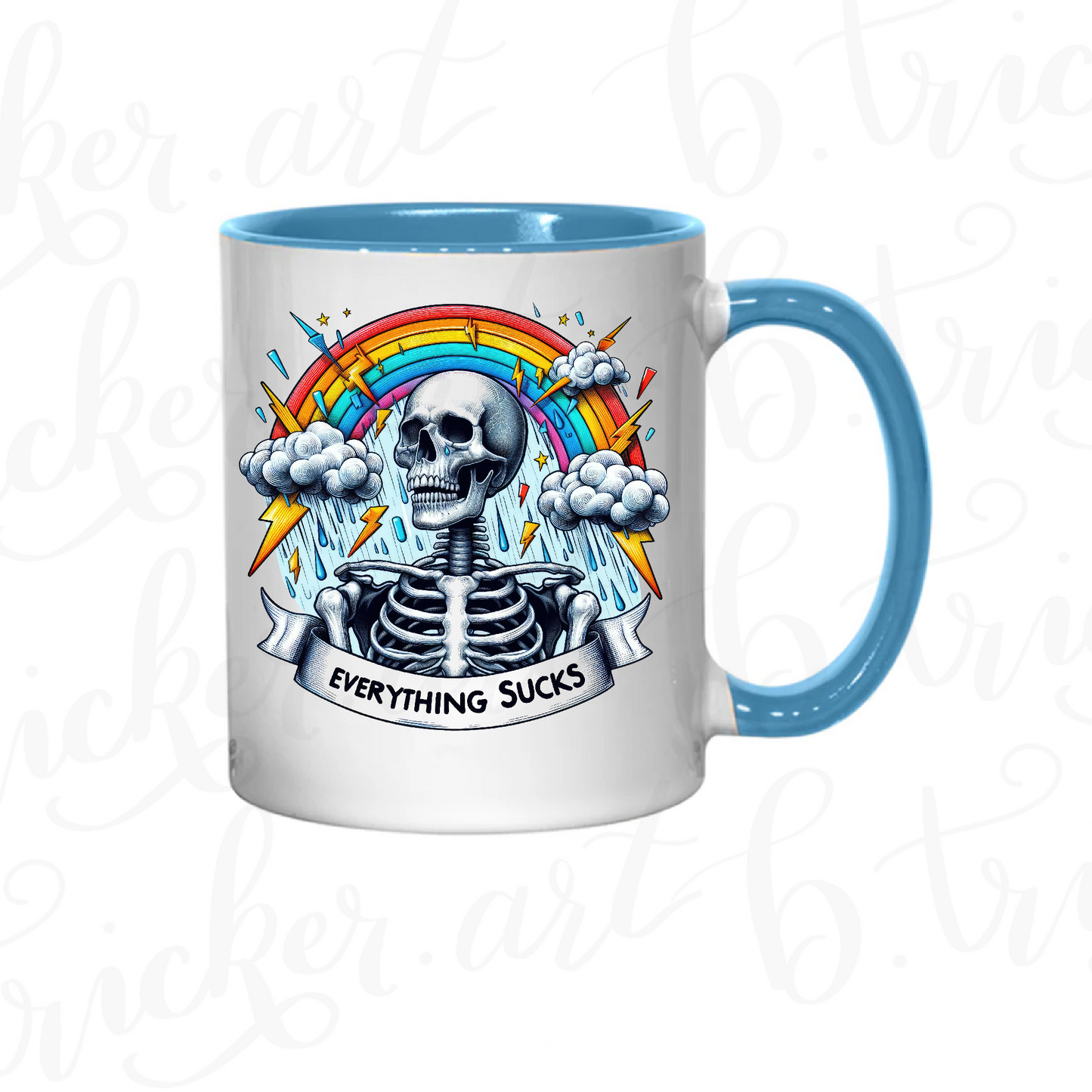 Sarcastic Gothic Mug | “Everything Sucks” Skeleton & Rainbow 11oz Coffee Cup | Alternative Funny Gift