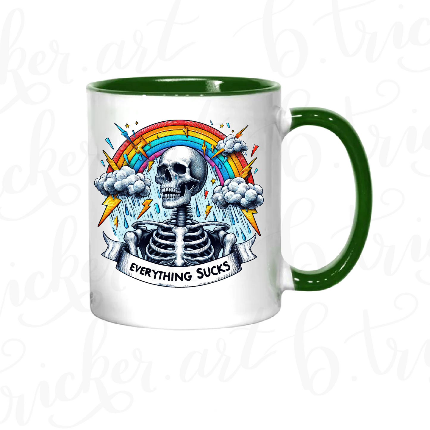 Sarcastic Gothic Mug | “Everything Sucks” Skeleton & Rainbow 11oz Coffee Cup | Alternative Funny Gift