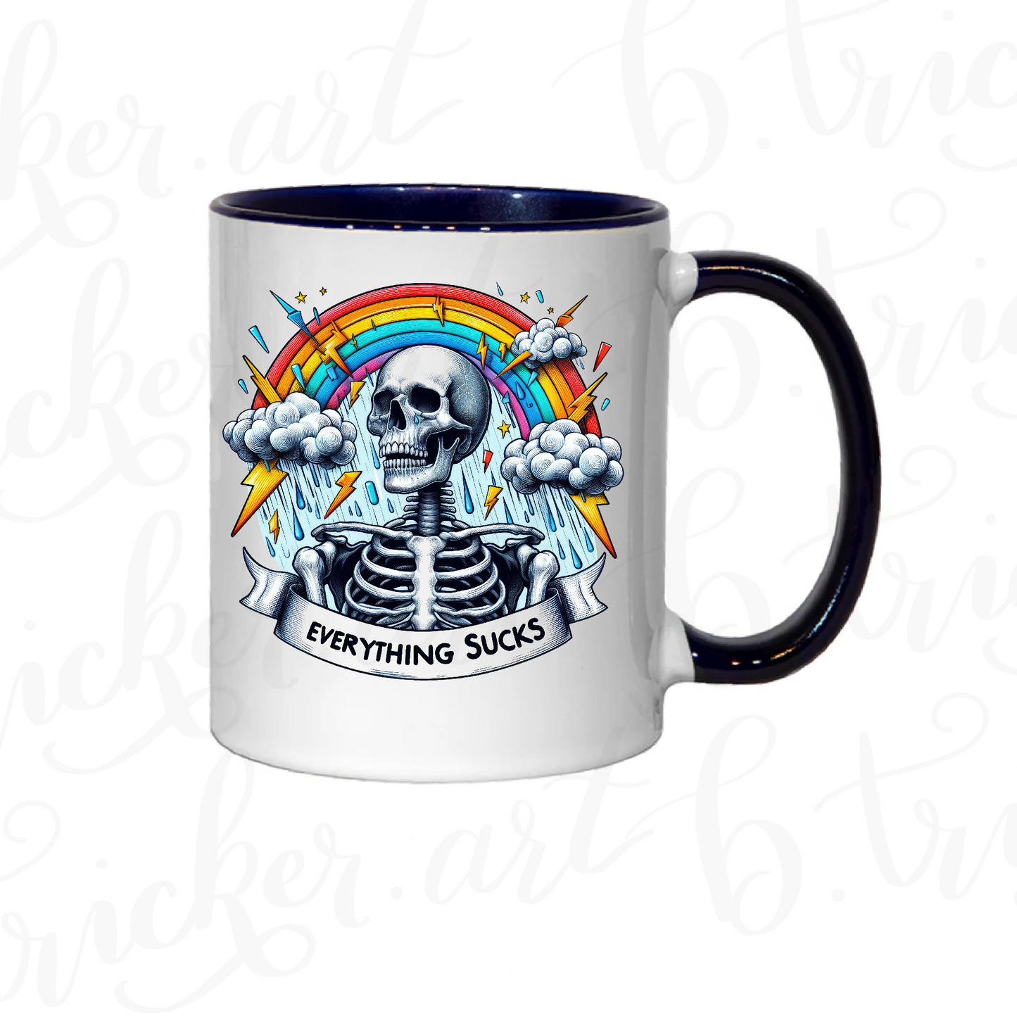 Sarcastic Gothic Mug | “Everything Sucks” Skeleton & Rainbow 11oz Coffee Cup | Alternative Funny Gift