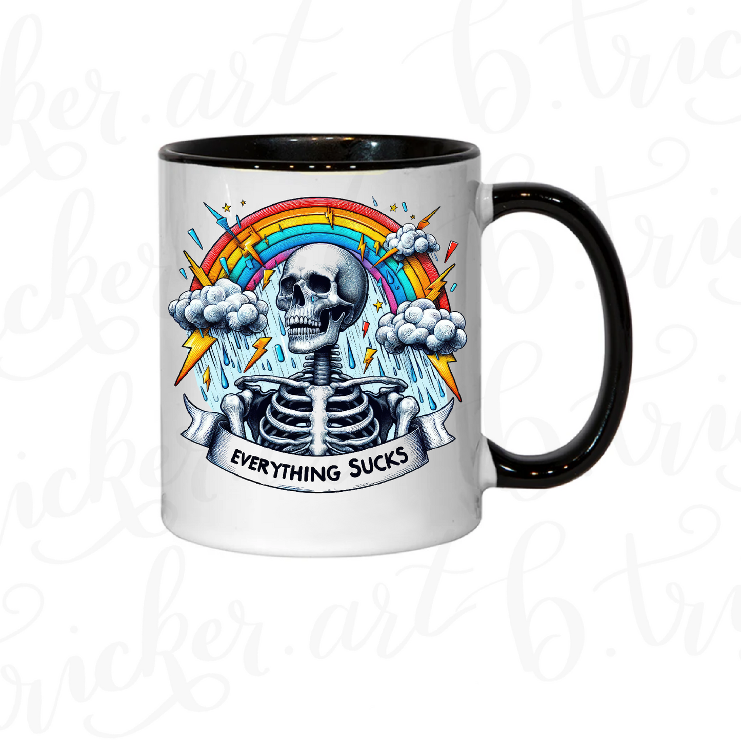 Sarcastic Gothic Mug | “Everything Sucks” Skeleton & Rainbow 11oz Coffee Cup | Alternative Funny Gift