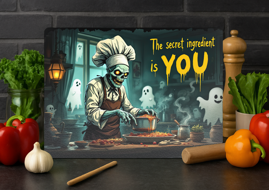 Glass Chopping Board-Skeleton Chef-Halloween– “The Secret Ingredient Is You”