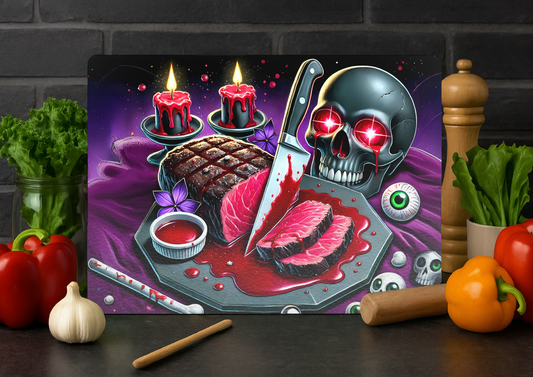 Glass Chopping Board-Bloody Steak Design-Skull-Meat-Gothic